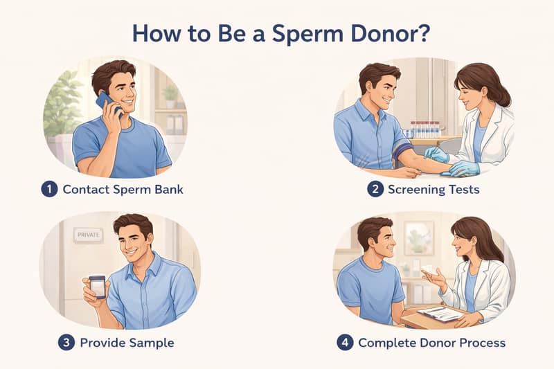 Steps showing how to be a sperm donor from contact to screening and donation
