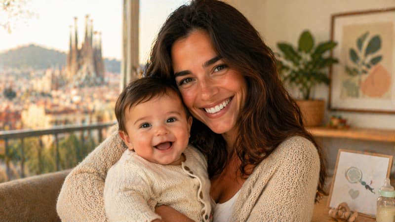 co parenting relationship – mother holding a smiling baby at home with a city view in the background