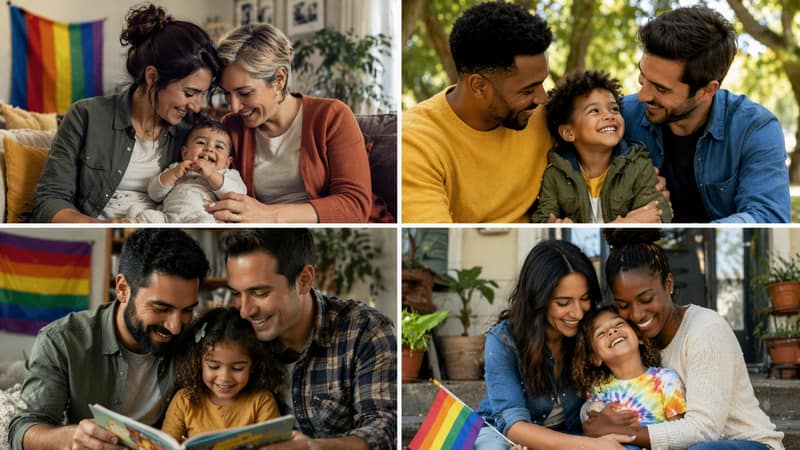lgbt family planning – diverse same-sex couples with children sharing happy family moments together
