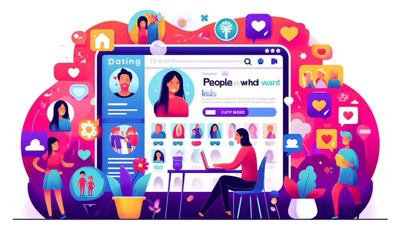 An illustration depicting a dating website designed for people who want kids. The scene shows a person using a laptop or smartphone, navigating a dating site