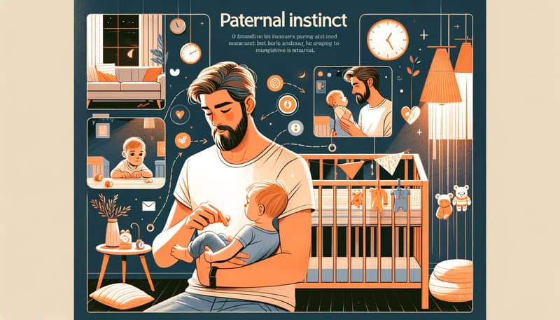 An illustration to accompany a blog post about paternal instinct. The scene features a father tenderly holding and interacting with his baby