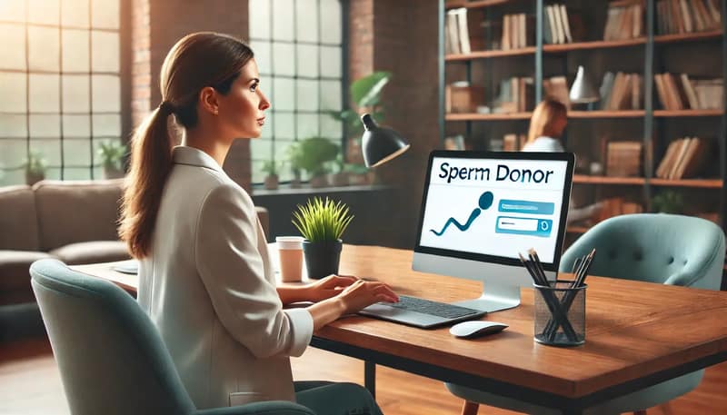 A woman looking for a sperm donor online, seated at a desk with a laptop displaying a sperm donor matching website
