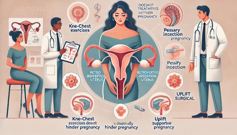 Illustration showing a female figure with a diagram of a retroverted uterus and tips for achieving a retroverted uterus pregnancy