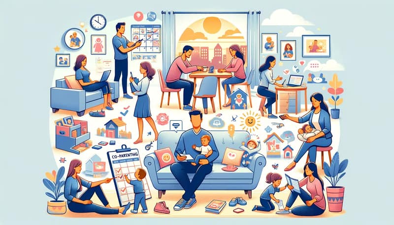 An illustration to accompany a blog post about co-parenting success, featuring essential tips and strategies. The scene shows a diverse co-parenting