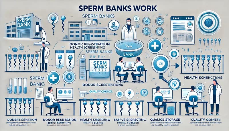 illustration for the page explaining sperm bank process, showing the sequence of steps involved and highlighting important aspects like safety, anonymity, and quality control