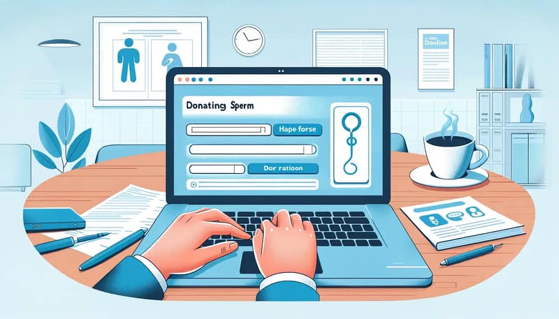 An illustration showing the process of donating sperm online. The scene includes a person using a laptop in a modern home office