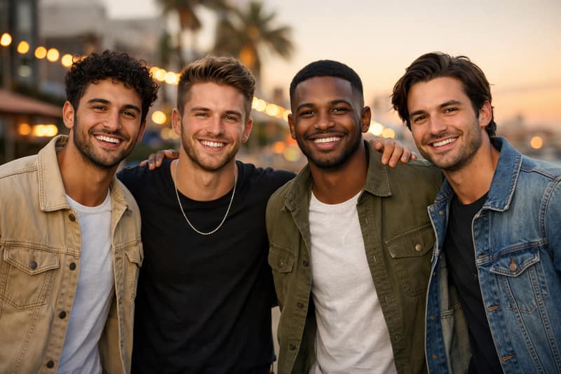 Four diverse young men smiling together representing potential candidates in a known donor registry for sperm donation