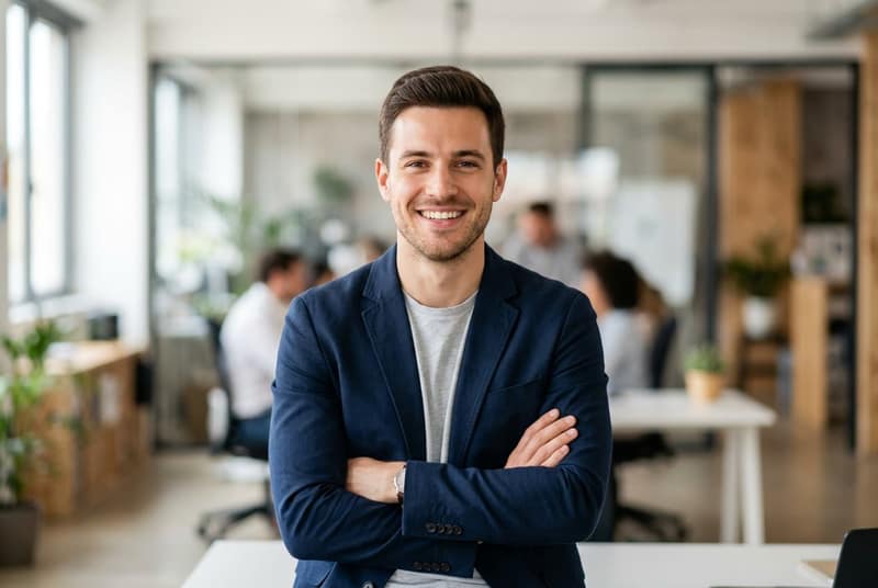 Sperm donor portrait of a confident young man smiling in a modern office