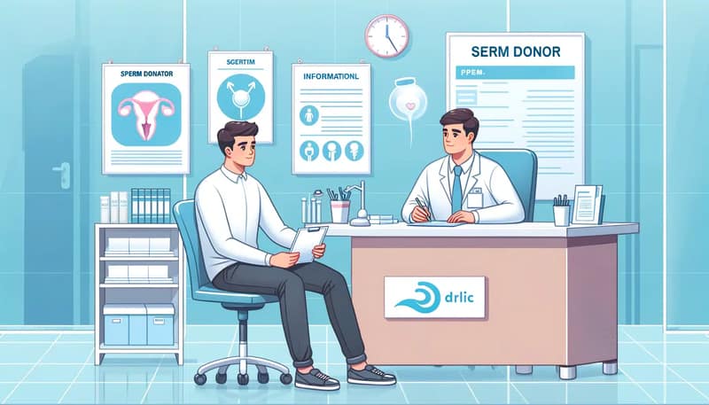An illustration showing the process of becoming a sperm donor. The scene includes a young man sitting in a clinic, filling out forms