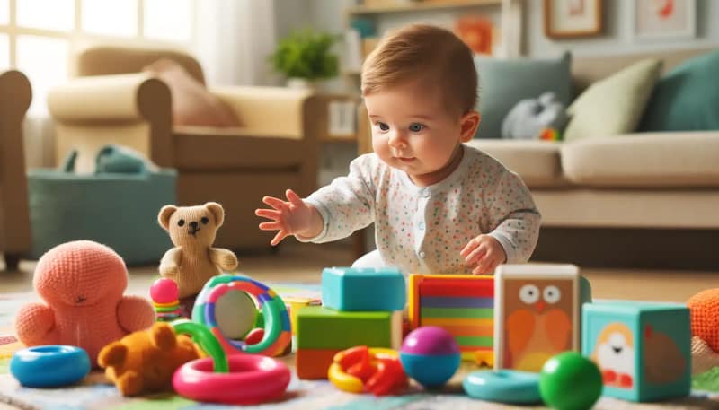 A baby interacting with colorful toys, reaching and grabbing with curiosity. The scene is set in a bright and cozy room, with a soft mat on the floor