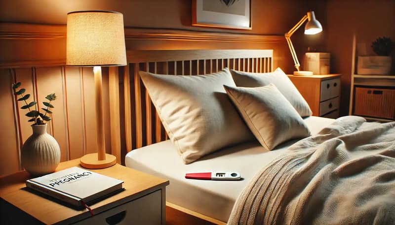 A cozy bedroom with a neatly made bed, a positive pregnancy test on the nightstand, and a book about pregnancy on the bedside table