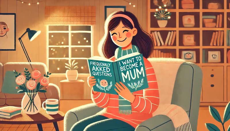A hopeful woman reading a book titled Frequently Asked Questions: I want to become a mum with a smile on her face in a cozy room with warm lighting