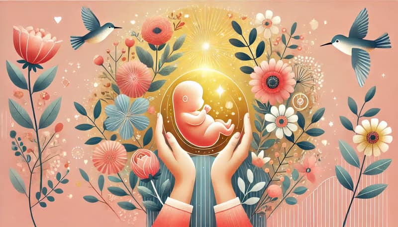 A pregnant woman's belly with a growing baby inside, surrounded by nurturing elements like flowers, birds, and a warm, glowing light