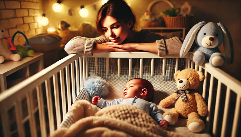 A sleeping baby in a crib surrounded by soft blankets and toys. A tired but content mother gazes lovingly at her newborn in a cozy nursery with warm lighting