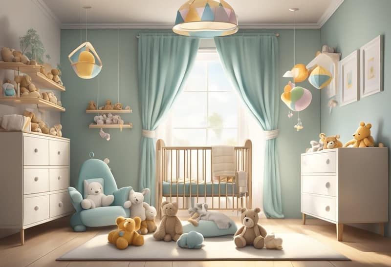 A small crib surrounded by soft toys and a mobile hanging above, with a gentle light shining through the window
