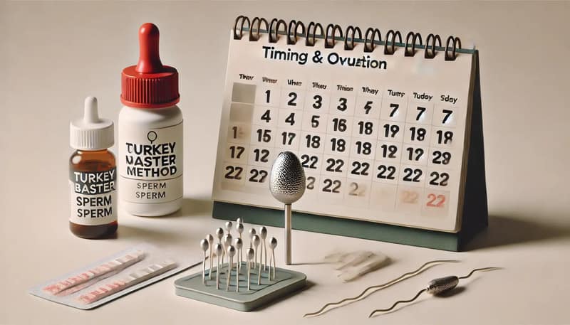 A scene representing the process of timing and ovulation using the turkey baster method. A calendar with ovulation dates marked, an ovulation test kit