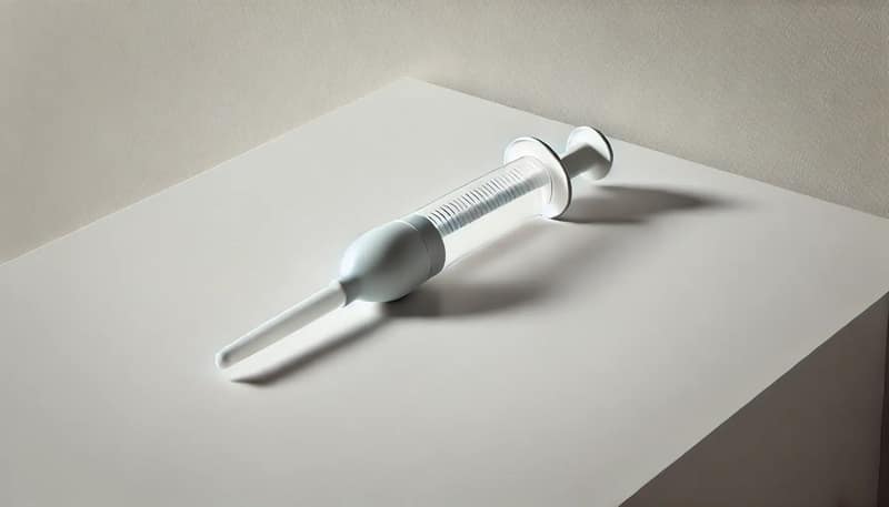 A turkey baster designed for home insemination. The baster is clean and sterile, with a transparent tube and a soft rubber bulb. It is placed on a sim