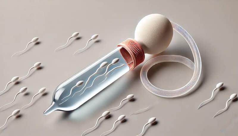 A turkey baster filled with sperm, representing the process of timing and ovulation using the turkey baster method. The baster has a transparent tube