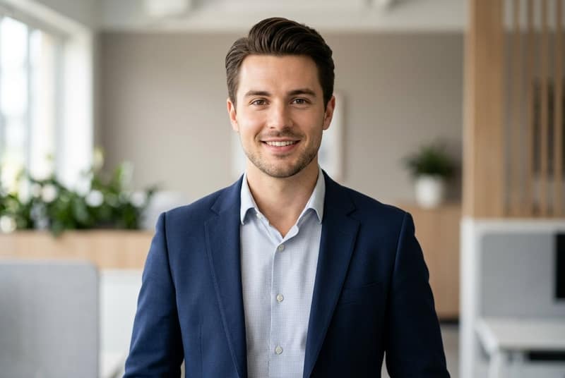 Professional young man smiling in business attire considering Donating Sperm for Money as potential income opportunity