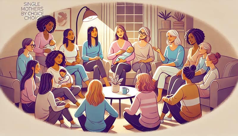 An illustration of a diverse group of single mothers by choice gathered in a supportive circle. They are sharing stories and advice, with warm smiles