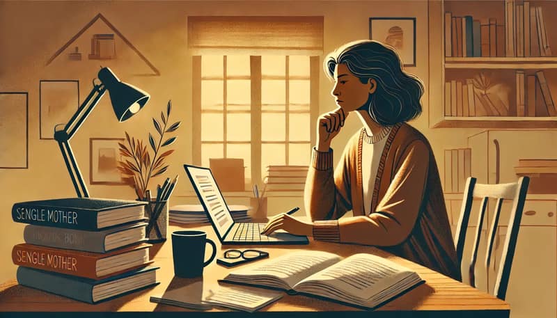 An illustration of a single mother sitting at a desk, surrounded by books and a laptop. She is deep in thought with a determined expression on her face