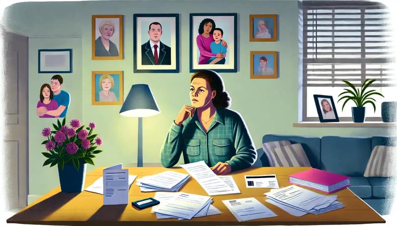 An illustration of a single mother sitting at a table, surrounded by paperwork and family photos. She looks contemplative, with a determined expression
