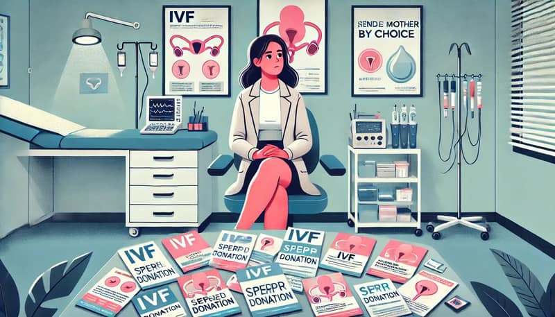 An illustration of a woman sitting in a doctor's office, surrounded by pamphlets on fertility treatments. She has a determined look on her face