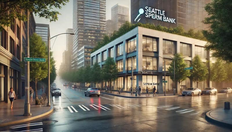 Photograph of Seattle featuring a street view with the Seattle Sperm Bank building prominently visible
