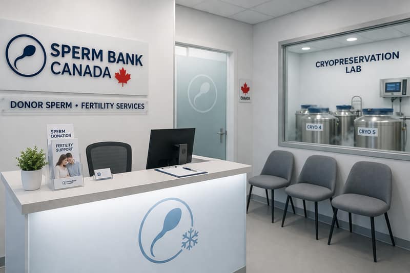 Sperm bank in Canada reception with cryopreservation lab and donor sperm storage tanks
