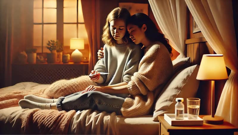 photograph illustrating the concept of at-home insemination with a lesbian couple. The couple is sitting together in a cozy and warm bedroom
