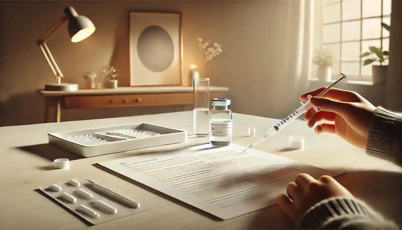 photograph illustrating the concept of at-home insemination. A clean, white table displays a sterile needleless syringe
