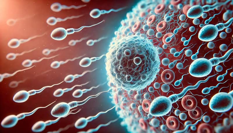 A conceptual digital illustration representing Oligoteratozoospermia. The image depicts a microscopic view of sperm cells with a sparse presence