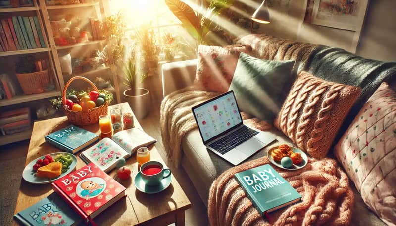A laptop sits on a comfortable sofa, surrounded by baby books and a pregnancy journal. A cup of hot tea and a plate of snacks sit on a small side table