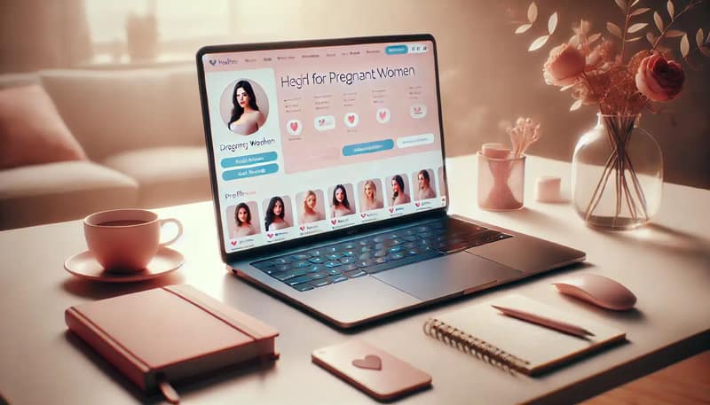 A modern laptop on a sleek desk displays a dating site designed for pregnant women. The interface displays profile pictures and chat messages