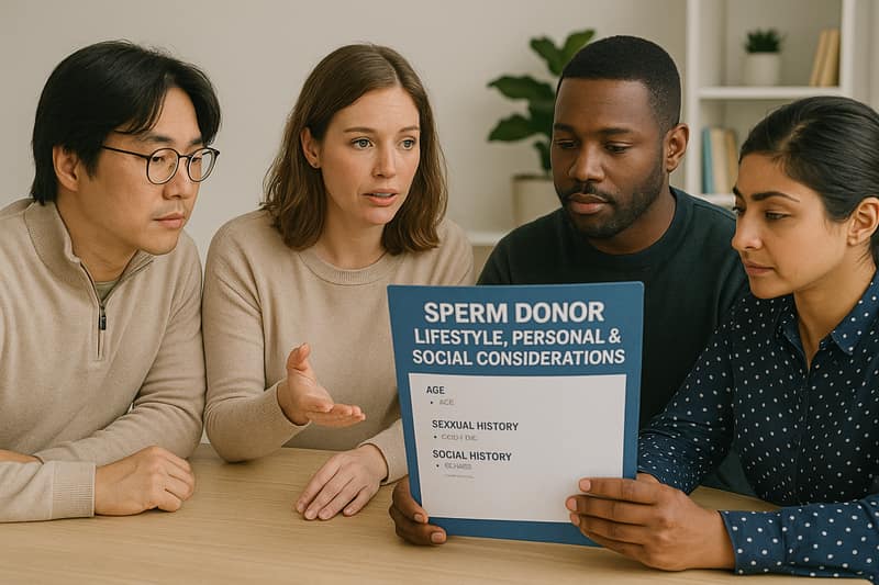 A diverse group of people discussing and reviewing lifestyle, personal, and social considerations for sperm donor requirements