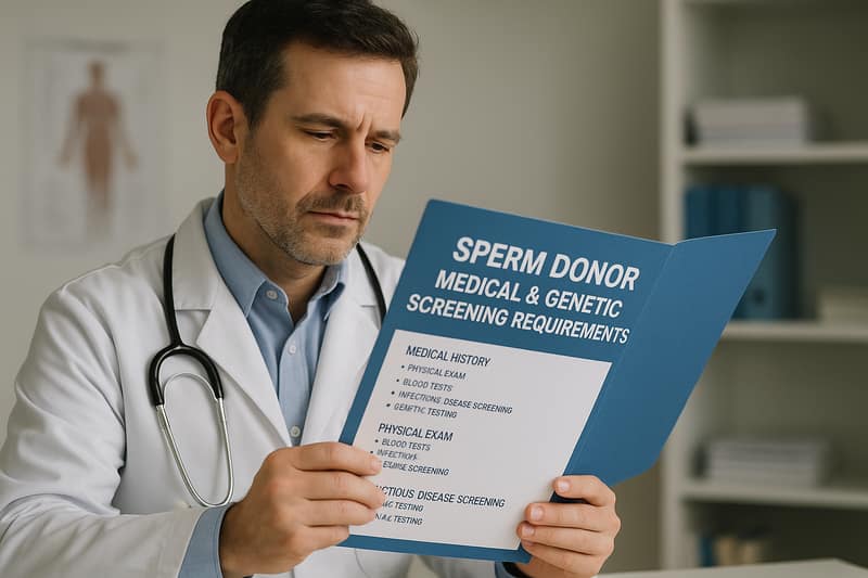 A doctor reviewing a file of medical and genetic screening requirements for sperm donors