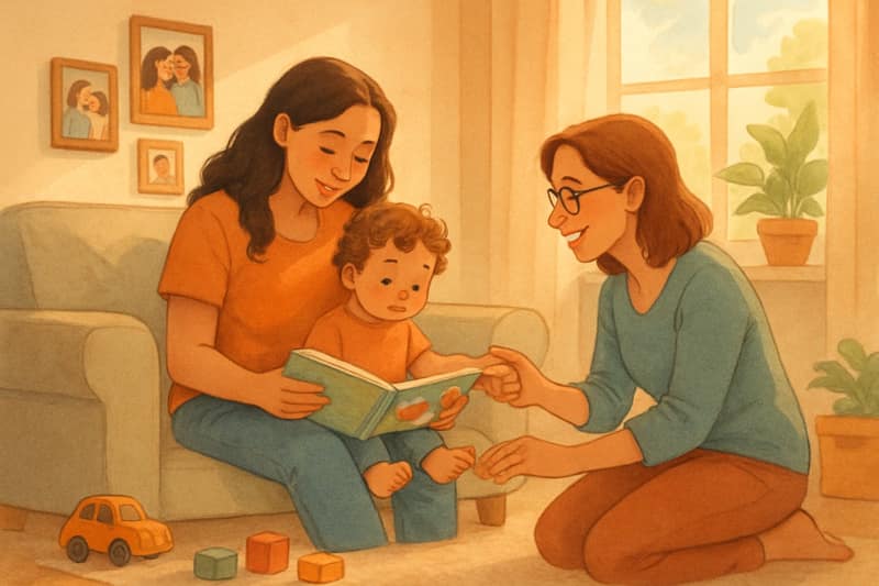 Two women and their young child spending time together in a bright living room, reading and playing, showing a loving lesbian parenting family moment