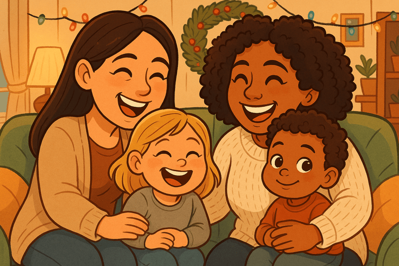 Two women with their children sharing a joyful moment together in a cozy home setting, illustrating lesbian parenting
