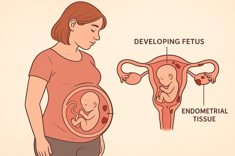 Endometriosis fertility illustration showing reproductive system and fetus