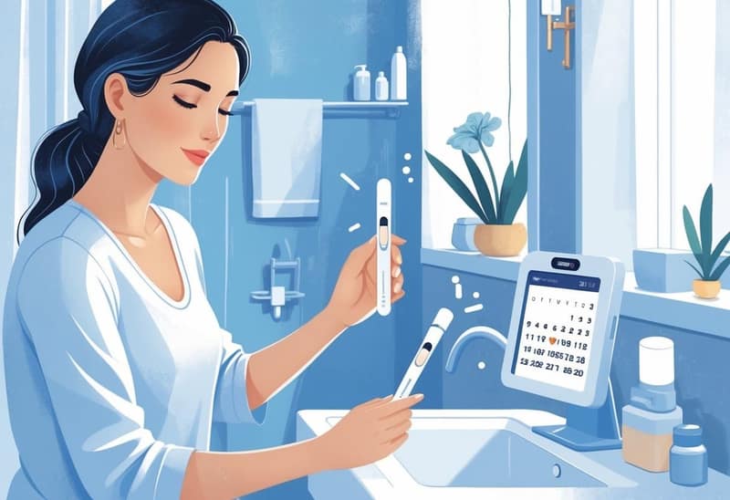 Woman using an ovulation predictor kit in her bathroom with a calendar nearby