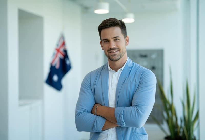 Confident sperm donor man in a modern office with Australian flag, representing sperm donor laws Australia