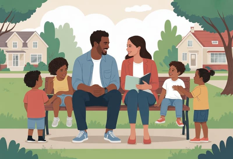 Happy family in the park, parents with four kids on a bench illustration