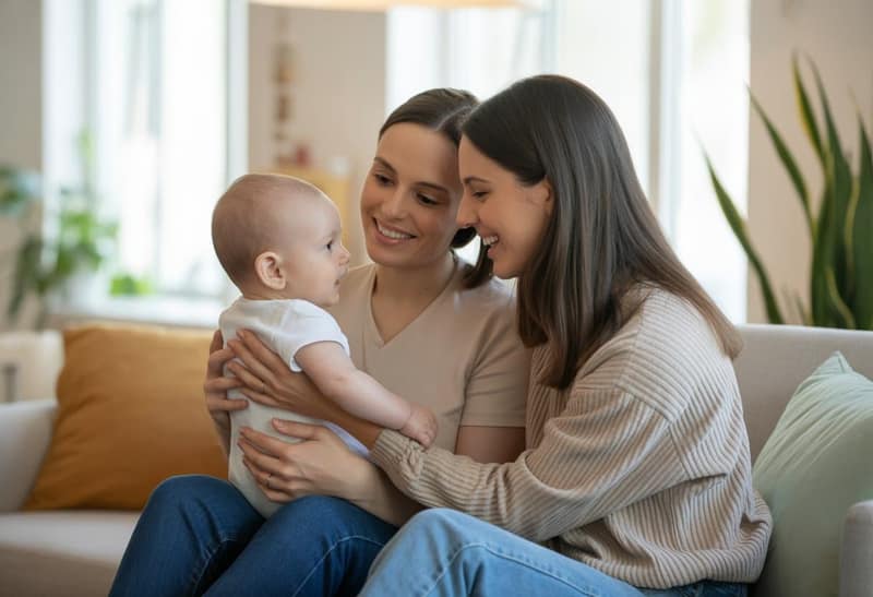 Lesbian couple with baby born from sperm donation same-sex family photo
