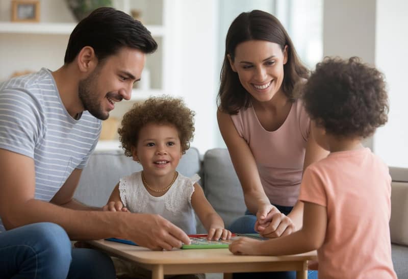 Parents and two young children playing a board game at home, illustrating parenting without romance