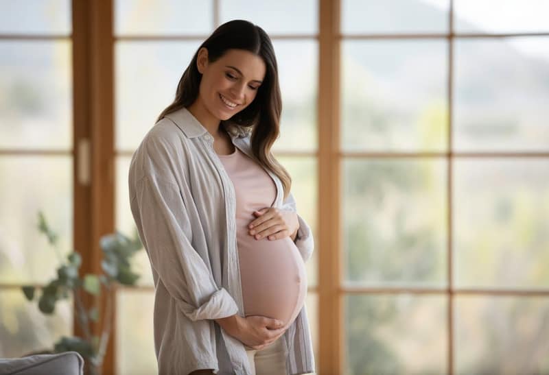 Pregnant surrogate woman holding her baby bump at home in Australia