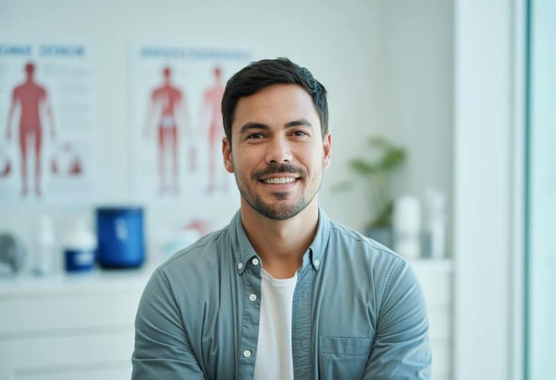 Smiling man at a fertility medical center, representing sperm donors navigating sperm donor laws in the US