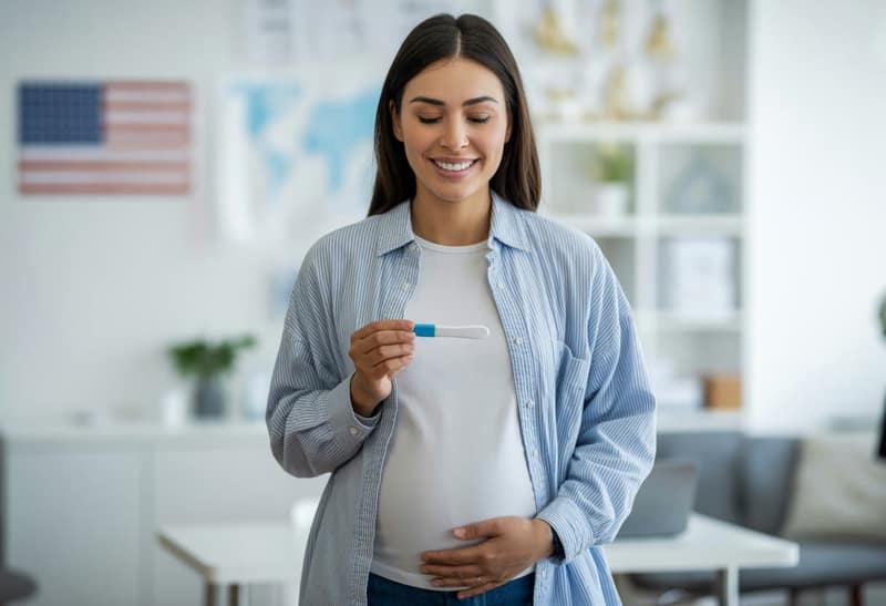 Smiling pregnant woman holding a positive pregnancy test, representing the successful outcome of understanding sperm donor laws in the US