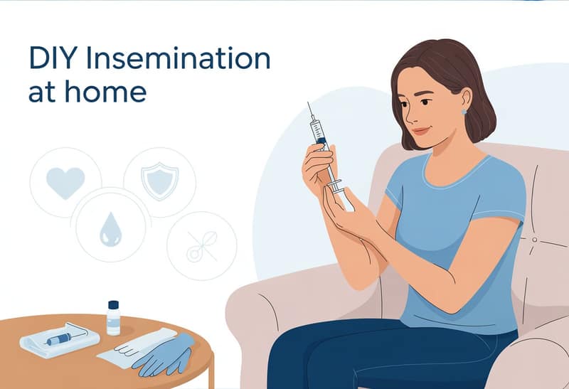 A woman sitting on a couch at home holding a small medical syringe, with medical supplies on a nearby table, conveying a safe and private environment for DIY insemination at home.