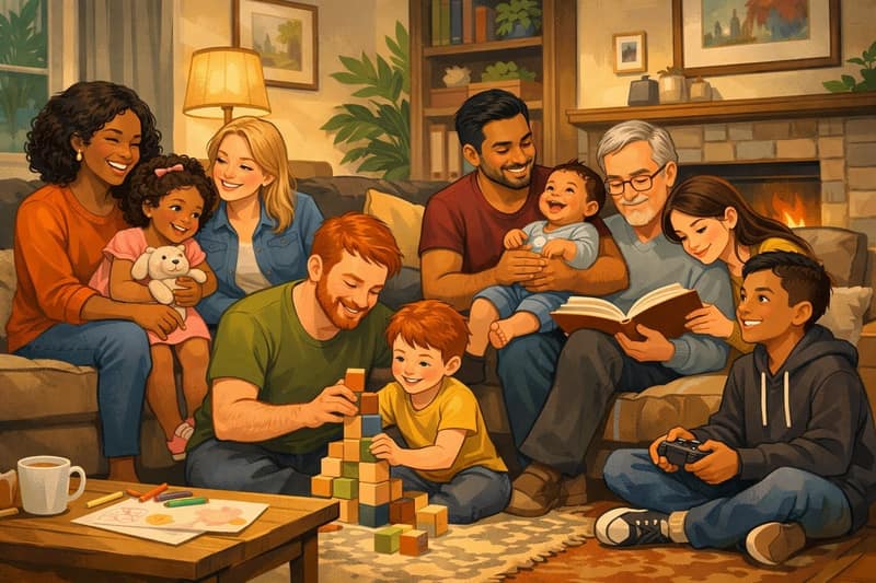 A diverse family with multiple parents and children spending time together in a cozy living room
