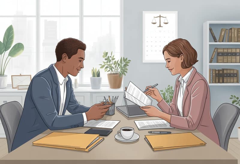 Two adults sitting at a table in an office, reviewing documents together in a calm and cooperative manner